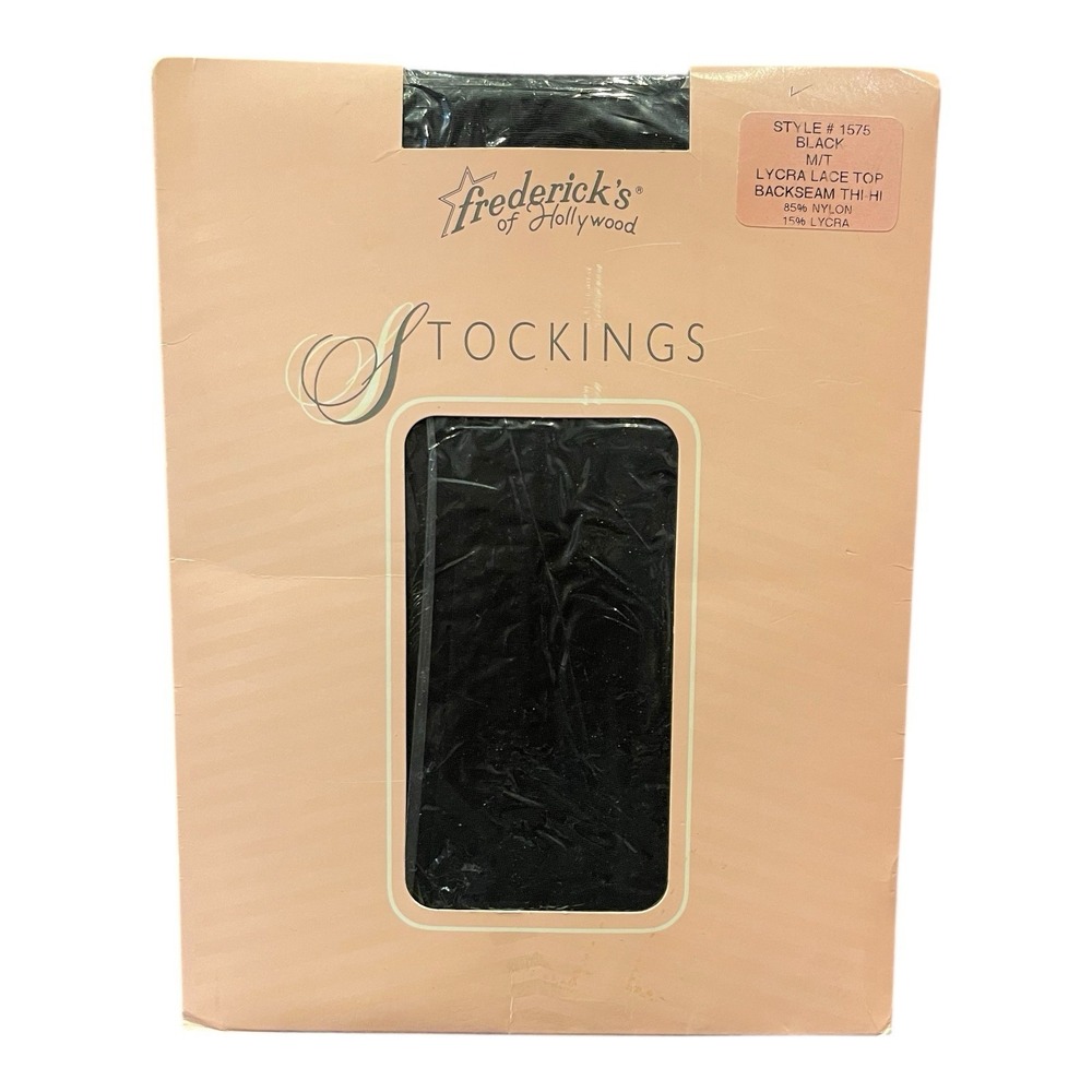 DEADSTOCK Vintage Frederick's of Hollywood Black Lace Top Backseam Stockings M/T